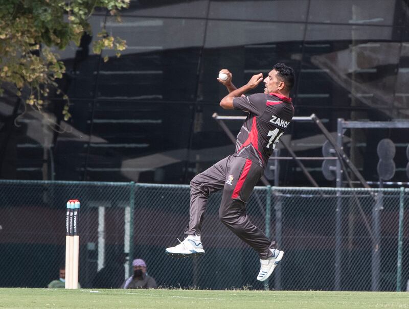 Zahoor Khan bowls for the UAE during the Cricket World Cup League 2 match against Oman at the ICC Academy in Dubai.