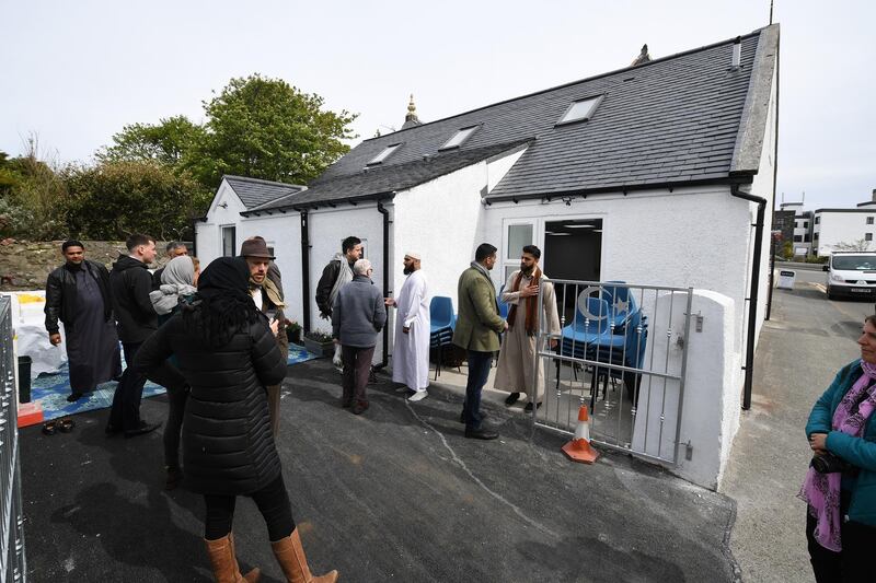 STORNOWAY, SCOTLAND - MAY 11:  Members of the Muslim community attend the opening of the first mosque built on the Western Isles on May 11. 2018, Stornoway, Scotland. The former derelict building has been converted into the UK's most northern mosque, following a fundraising campaign which raised more the fifty nine thousand pounds towards construction costs.  (Photo by Jeff J Mitchell/Getty Images)