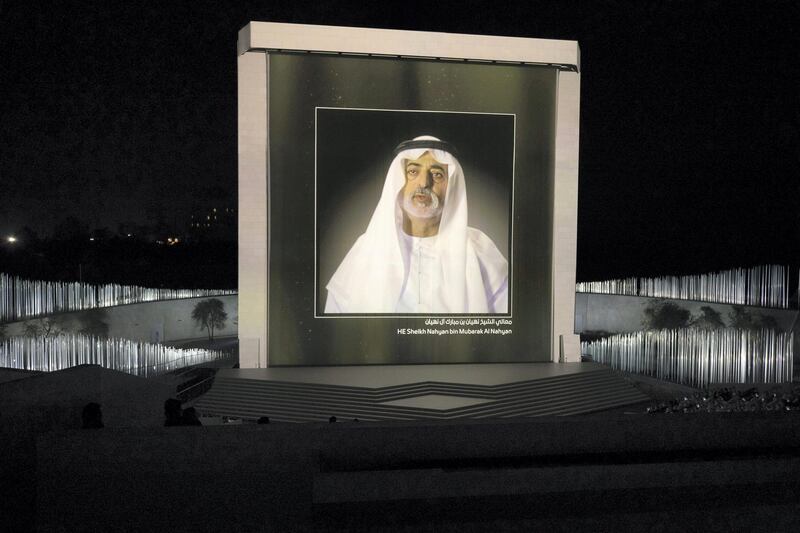 ABU DHABI, UNITED ARAB EMIRATES - February 26, 2018: A video interview with HH Sheikh Nahyan bin Mubarak Al Nahyan, UAE Minister of State for Tolerance is displayed during the inauguration of The Founder's Memorial.

(  Hamad Al Mansoori for The Crown Prince Court - Abu Dhabi )
---