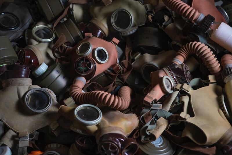 Gas masks distributed to Saudi citizens during the first Gulf War, now part of an art installation at Riyadh's Red Palace. Image courtesy of Athr and the artist