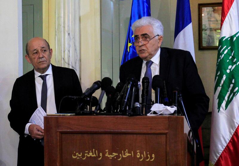 FILE PHOTO: Lebanon's Foreign Minister Nassif Hitti speaks during a news conference with French Foreign Affair Minister Jean-Yves Le Drian at the Ministry of Foreign Affairs in Beirut, Lebanon July 23, 2020. REUTERS/Aziz Taher/File Photo