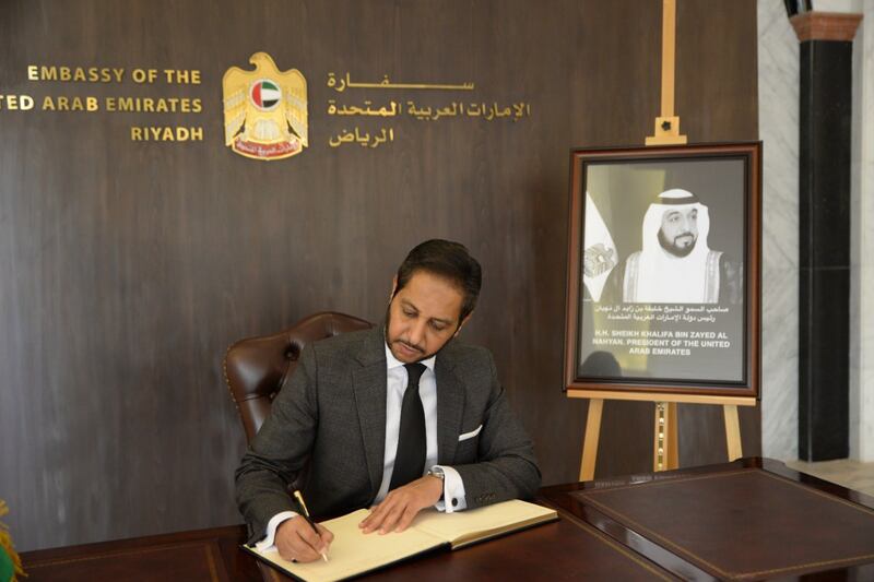 Heads of diplomatic missions to Saudi Arabia visited the embassy to sign the condolence book and offer their tributes to the late Sheikh Khalifa. Photo: UAE embassy KSA