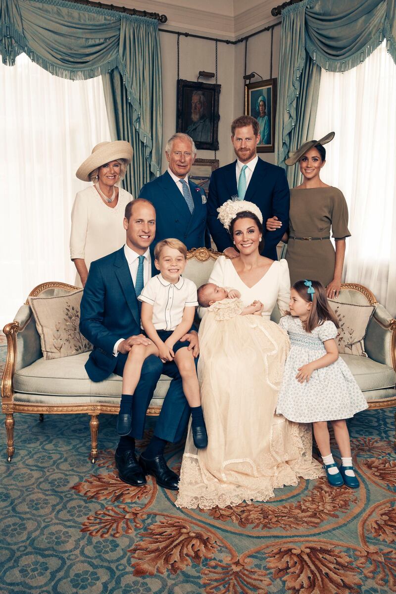 Seated, left to right: Prince William, The Duke of Cambridge; Prince George; Prince Louis; Kate, the Duchess of Cambridge; and Princess Charlotte. Standing, left to right: Camilla, The Duchess of Cornwall; Prince Charles, the Prince of Wales; Prince Harry, the Duke of Sussex; and wife Megan, the Duchess of Sussex. Photo / Matt Holyoak