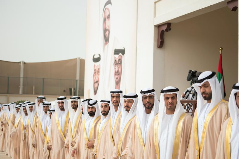ABU DHABI, UNITED ARAB EMIRATES - January 21, 2018: Grooms participates during mass wedding reception for HH Sheikh Mubarak bin Hamdan bin Mubarak Al Nahyan (not shown), HH Sheikh Mohamed bin Ahmed bin Hamdan Al Nahyan (not shown) and other grooms, at Majlis Al Bateen.

( Mohamed Al Hammadi / Crown Prince Court - Abu Dhabi )
---