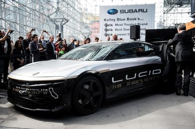 The Lucid Motors Inc. Alpha Speed Car is unveiled after completing a 217mph test in Ohio ahead of the 2017 New York International Auto Show (NYIAS) in New York, U.S., on Thursday, April 13, 2017. The New York International Auto Show, North America's first and largest-attended auto show dating back to 1900, showcases an incredible collection of cutting-edge design and extraordinary innovation. Photographer: Mark Kauzlarich/Bloomberg