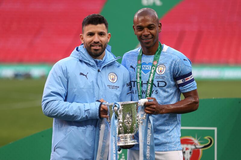 Sergio Aguero and Fernandinho after the match. Getty