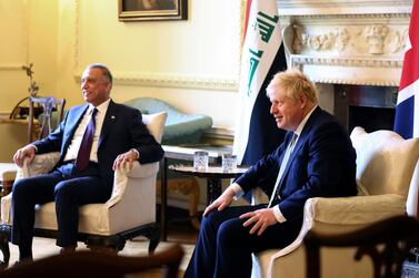 Britain's Prime Minister Boris Johnson and his Iraqi counterpart Mustafa Al Kadhimi meet at Downing Street, London. Reuters