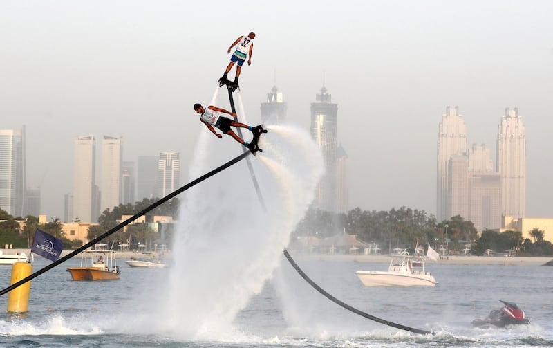 Dubai, United Arab Emirates - Reporter: N/A. Sport. People compete in the fly board section of the Dubai Watersports Summer Week. Thursday, June 25th, 2020. Dubai. Chris Whiteoak / The National