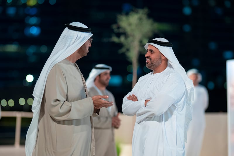 Sheikh Theyab bin Mohamed, chairman of the Office of Development and Martyrs Families Affairs at the Presidential Court, with Dr Sultan Al Jaber at the launch in Khalidiyah
