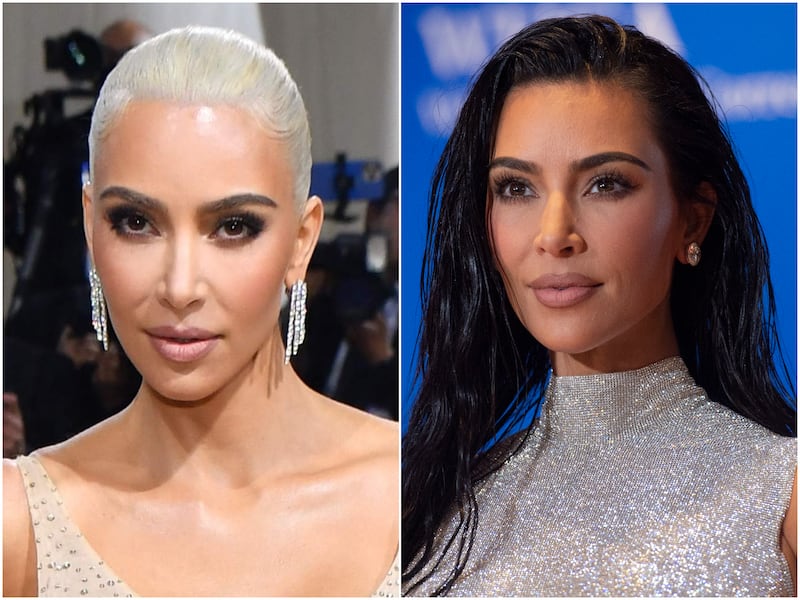 Left: Kim Kardashian's blonde hair at the 2022 Met Gala on May 2. Right: Her jet-black hair seen two days earlier at the White House Correspondents' Association Dinner on April 30. AFP