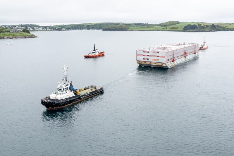 The Bibby Stockholm barge arrives in Falmouth, Cornwall, to undergo inspection. PA