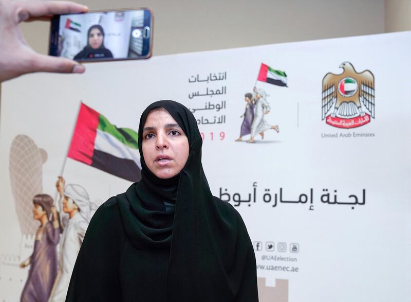Abu Dhabi, United Arab Emirates, August 18, 2019.  Emiratis registering themselves for FNC elections at the Abu Dhabi Chamber of Commerce & Industry Building.  -- One of the first lady registrants at the centre,  Buthaina Al Qubaisi.
Victor Besa/The National
Section:  NA
Reporter:  Haneen Dajani