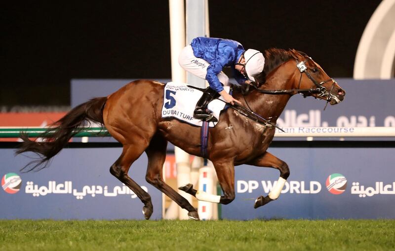 DUBAI , UNITED ARAB EMIRATES , MARCH 31  – 2018 :- Benbatl  (GB ) ridden by Oisin Murphy    ( no 5  ) won the 7th horse race Dubai Turf 1800m turf during the Dubai World Cup held at Meydan Racecourse in Dubai. ( Pawan Singh / The National ) For News/Sports. Story by Amith