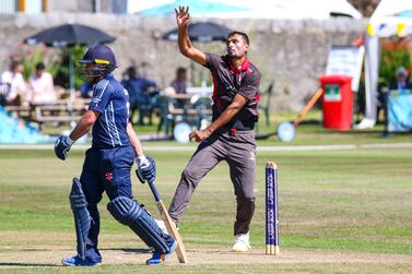 UAE bowler Sabir Ali delivers