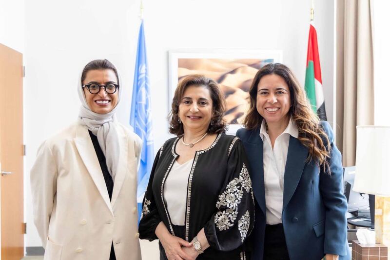 Minister of State Noura Al Kaabi, Sima Bahous, Executive Director of UN Women, and Lana Nusseibeh, the UAE's ambassador to the UN, pictured on June 16, 2023. The UAE has recognised the importance of empowering women to take on leadership roles and has directed its foreign and humanitarian aid policy to assist women first. Wam