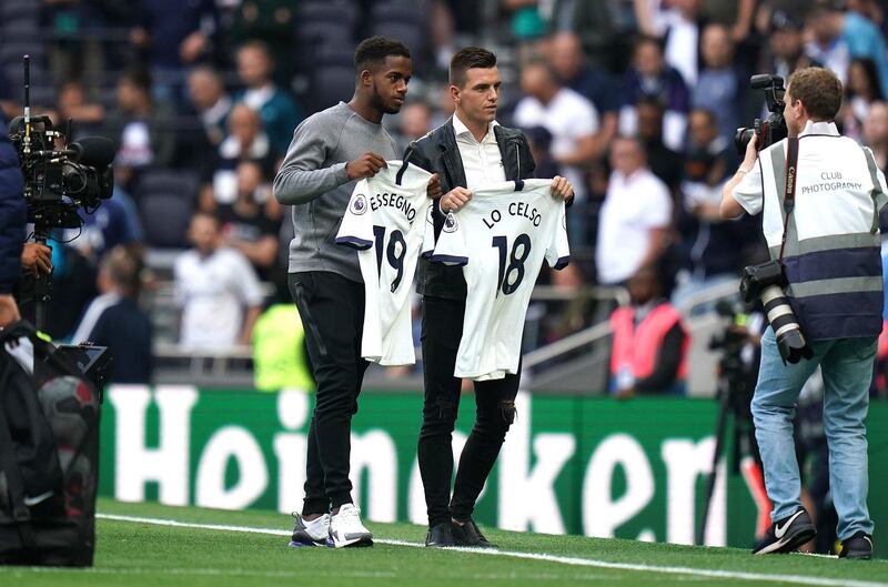 Giovani Lo Celso and Ryan Sessegnon: Tottenham’s other new signings were paraded on the pitch but then watched from the stands. PA Wire