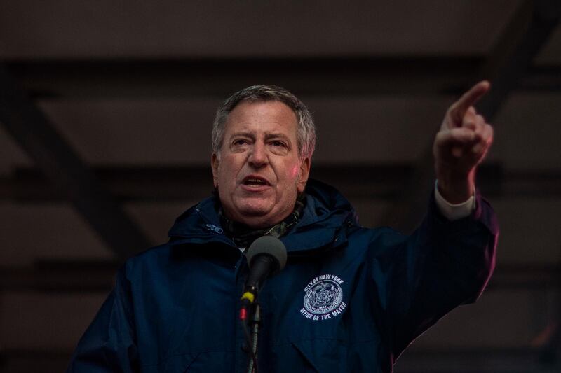 New York City Mayor Bill de Blasio speaks during a rally against racism in opposition to President Donald Trump's recent comments about Haiti and African nations in Times Square in New York on Monday, Jan. 15, 2018. (AP Photo/Andres Kudacki)