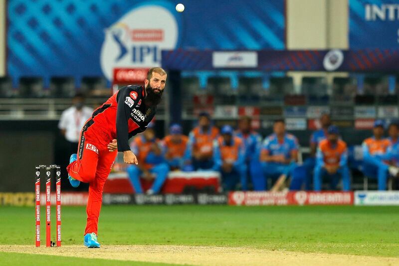 Moeen Ali  of Royal Challengers Bangalore bowling during match 19 of season 13 of the Dream 11 Indian Premier League (IPL) between the Royal Challengers Bangalore and the 
Delhi Capitals held at the Dubai International Cricket Stadium, Dubai in the United Arab Emirates on the 5th October 2020.  Photo by: Saikat Das  / Sportzpics for BCCI