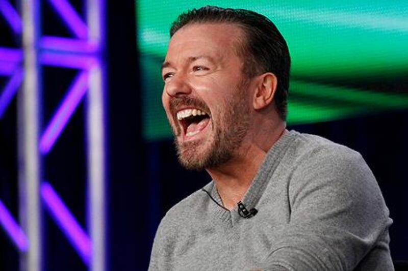 Cast member Ricky Gervais laughs during the panel for the HBO television series "Life's Too Short" at the Television Critics Association winter press tour in Pasadena, California January 13, 2012.  REUTERS/Mario Anzuoni(UNITED STATES - Tags: ENTERTAINMENT) *** Local Caption ***  MA608_TCA-_0113_11.JPG
