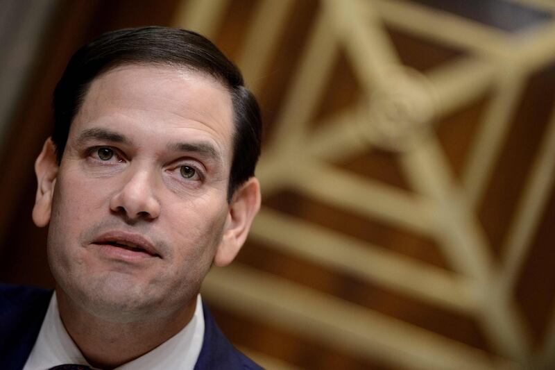 (FILES) This file photo taken on March 7, 2019 shows Senator Marco Rubio (R-FL) during a hearing of the Senate Foreign Relations Subcommittee on Western Hemisphere, Transnational Crime, Civilian Security, Democracy, Human Rights, and Global Women's Issues on Capitol Hill in Washington, DC. China announced on July 13, 2020 "corresponding sanctions" against three senior Republican lawmakers and a US envoy in retaliation for visa bans and asset freezes on Chinese officials imposed by Washington over Uighur rights abuses. / AFP / Brendan Smialowski
