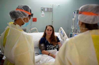 Healthcare workers talk to a patient in the Covid-19 Unit at United Memorial Medical Center in Houston, Texas, July 2, 2020. Despite its renowned medical center with the largest agglomeration of hospitals and research laboratories in the world, Houston is on the verge of being overwhelmed by cases of coronavirus exploding in Texas. - RESTRICTED TO EDITORIAL USE
TO GO WITH AFP STORY by Julia Benarrous: "Covid-19: Houston's hospital system underwater"
 / AFP / Mark Felix / RESTRICTED TO EDITORIAL USE
TO GO WITH AFP STORY by Julia Benarrous: "Covid-19: Houston's hospital system underwater"
