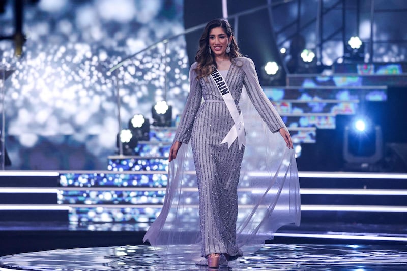 Miss Bahrain, Manar Nadeem Deyani, on stage during the preliminary stage of the 70th Miss Universe in Israel's southern Red Sea coastal city of Eilat. All photos: AFP