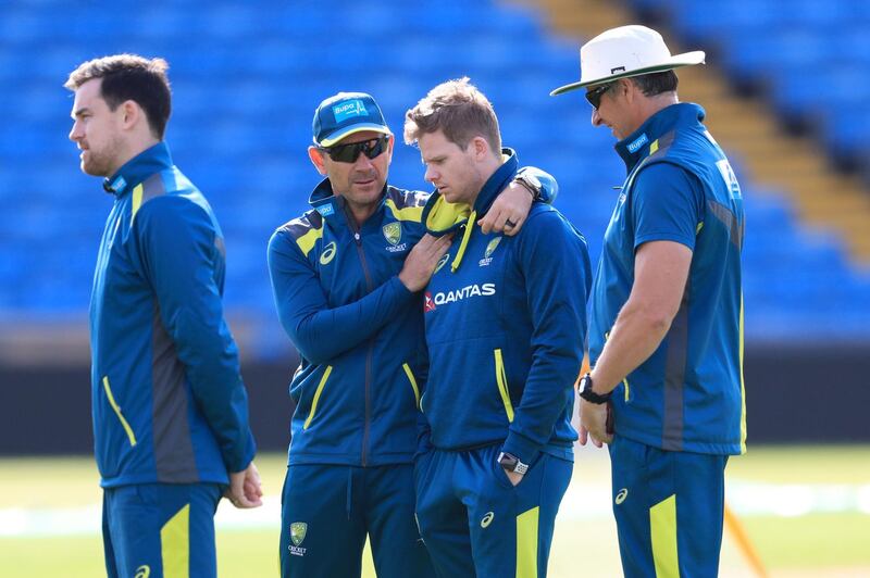 Australia Coach Justin Langer (right) and Steve Smith during the nets session at Headingley, Leeds. PRESS ASSOCIATION Photo. Picture date: Tuesday August 20, 2019. See PA story CRICKET Australia. Photo credit should read: Mike Egerton/PA Wire. RESTRICTIONS: Editorial use only. No commercial use without prior written consent of the ECB. Still image use only. No moving images to emulate broadcast. No removing or obscuring of sponsor logos.