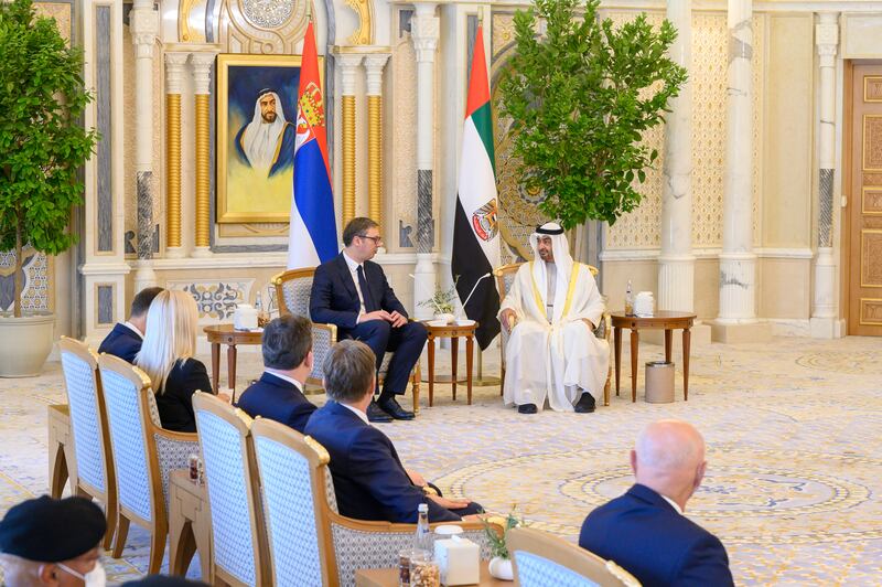 President Sheikh Mohamed on Sunday received Serbian President Aleksandar Vucic in Abu Dhabi. Images: UAE Presidential Court