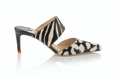 The 65mm mid-heel is a popular this season. Seen here: Hawke 65 from Jimmy Choo, with a pony mix animal print in black, white and orange