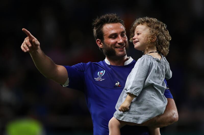 Maxime Medard of France and his daughter celebrate their victory after the Rugby World Cup 2019 Group C game between France and USA at Fukuoka Hakatanomori Stadium in Fukuoka, Japan. Getty Images