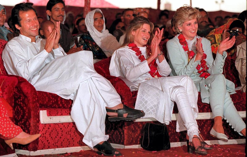 Imran and Jemima Khan sit with Diana, Princess of Wales, during her visit to the former Pakistani cricket captain's hospital in Lahore during April 1996. (Photo by Anwar Hussein/WireImage)