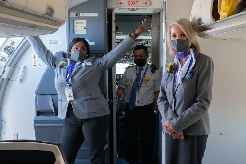 Crew members on the first Avelo Airlines flight to Charles M. Schulz Sonoma County Airport in Santa Rosa, California. Bloomberg