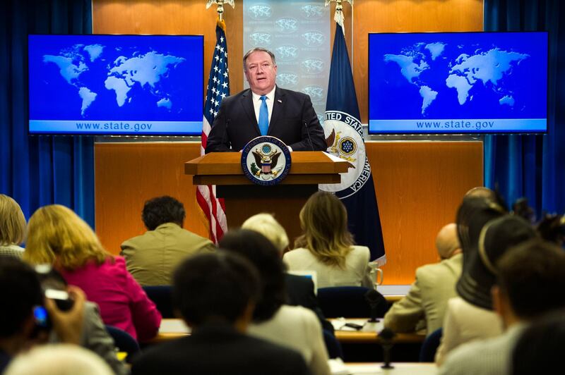 Secretary of State Mike Pompeo announces the creation of the Iran Action Group at the State Department, in Washington, Thursday, Aug. 16, 2018. (AP Photo/Cliff Owen)