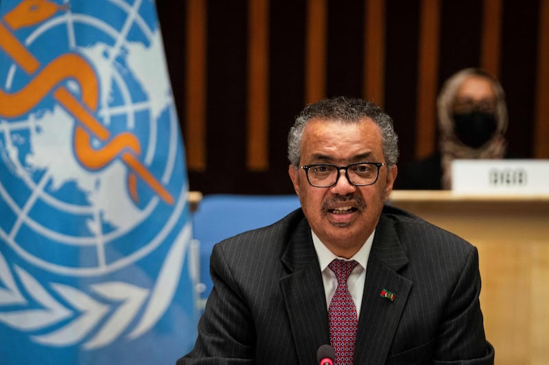 A handout photograph taken and released by the World Health Organisation (WHO) on May 24, 2021, shows the Director General of the World Health Organization (WHO) Tedros Adhanom Ghebreyesus delivering a speech during the 74th World Health Assembly, at the WHO headquarters, in Geneva. Vaccine sharing, strengthening the WHO and adopting a pandemic treaty were among proposals from world leaders on May 24, 2021 on how to halt the Covid-19 pandemic and prevent future health catastrophes. - RESTRICTED TO EDITORIAL USE - MANDATORY CREDIT "AFP PHOTO / World Health Organisation / Christopher BLACK " - NO MARKETING - NO ADVERTISING CAMPAIGNS - DISTRIBUTED AS A SERVICE TO CLIENTS
 / AFP / World Health Organization / Christopher Black / RESTRICTED TO EDITORIAL USE - MANDATORY CREDIT "AFP PHOTO / World Health Organisation / Christopher BLACK " - NO MARKETING - NO ADVERTISING CAMPAIGNS - DISTRIBUTED AS A SERVICE TO CLIENTS
