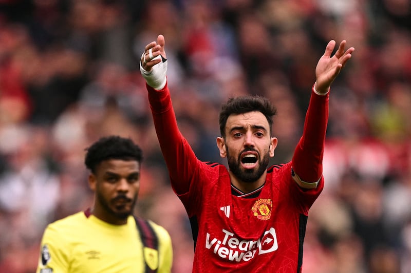 Manchester United's Portuguese midfielder Bruno Fernandes reacts during the 1-1 draw against Burnley. AFP