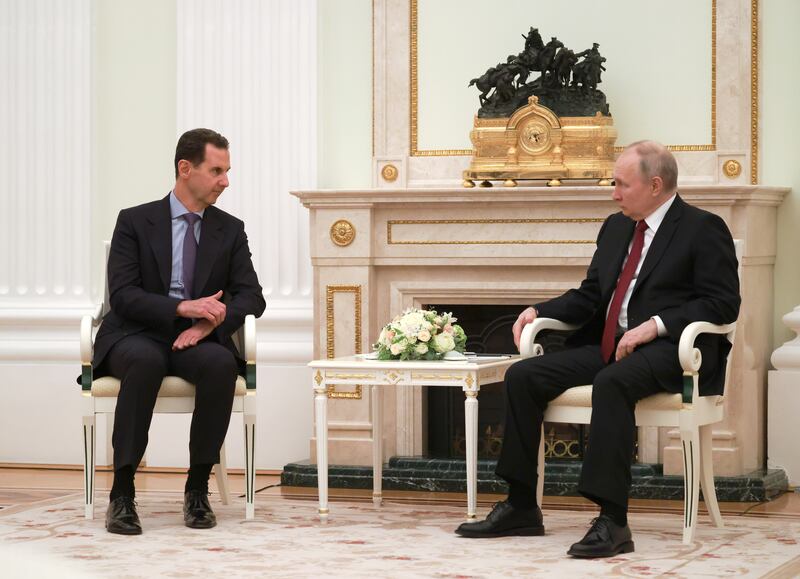 Syrian President Bashar Al Assad meets Russian President Vladimir Putin at the Kremlin in Moscow on Wednesday.  EPA