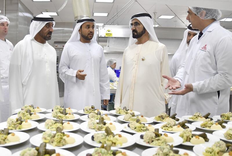 Sheikh Mohammed bin Rashid, Vice President and Ruler of Dubai, visits Emirates Flight Catering, where more than 520 chefs work in the speciality production areas to prepare 1,548 different menus annually. Wam