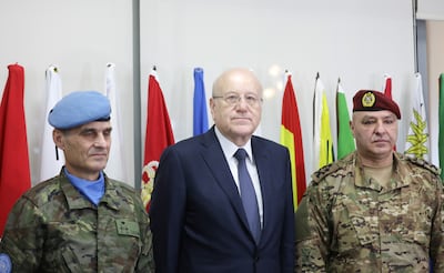 Lebanon's caretaker prime minister Najib Mikati and Lebanon's Army chief General Joseph Aoun meet UNIFIL Head of Mission and Force Commander Major General Aroldo Lazaro, in Naqoura, Lebanon on December 16. Reuters