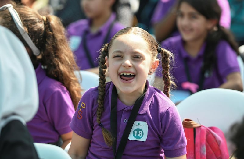 Abu Dhabi, United Arab Emirates - Young girl takes part in the educational programmes at the Hay Festival in Manarat, Al Saadiyat. Khushnum Bhandari for The National