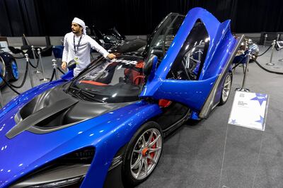 DUBAI, UNITED ARAB EMIRATES. 12 November 2019. A Mclaren at the Dubai Motor Show opening day. (Photo: Antonie Robertson/The National) Journalist: Nic Webster. Section: National.
