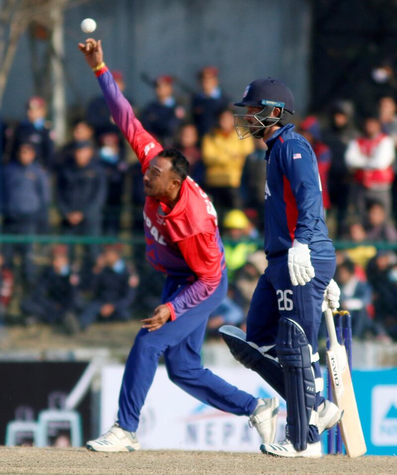 Paras Khadka of Nepal bowls during the ICC Cricket World Cup League 2 match between USA and Nepal at TU Cricket Stadium on 8 Feb 2020 in Nepal (1)
