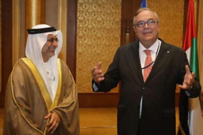 Dr Anwar Gargash, the state minister for foreign affairs, and Portugal's Jose Lello, the president of the Nato parliamentary assembly meeting in Abu Dhabi today.