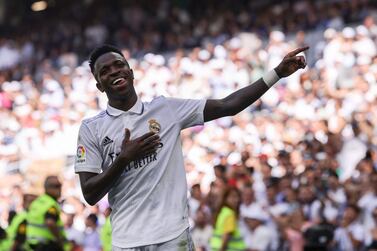 Real Madrid's Brazilian forward Vinicius Junior celebrates after scoring his team's second goalduring the Spanish league football match between Real Madrid CF and RCD Mallorca at the Santiago Bernabeu stadium in Madrid on September 11, 2022.  (Photo by THOMAS COEX  /  AFP)