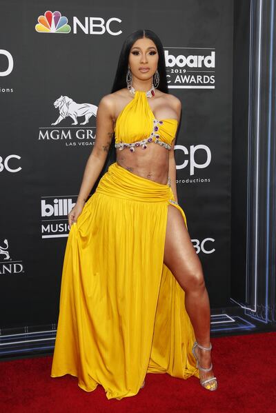 epa07541568 US rapper Cardi B arrives for the 2019 Billboard Music Awards at the MGM Grand Garden Arena in Las Vegas, Nevada, USA, 01 May 2019. The Billboard Music Awards finalists are based on US year-end chart performance, sales, number of downloads and total airplay.  EPA/NINA PROMMER
