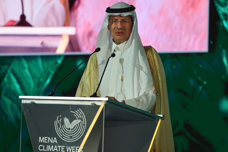 Saudi Energy Minister Prince Abdulaziz bin Salman addresses the opening session of Mena Climate Week in Riyadh. AFP