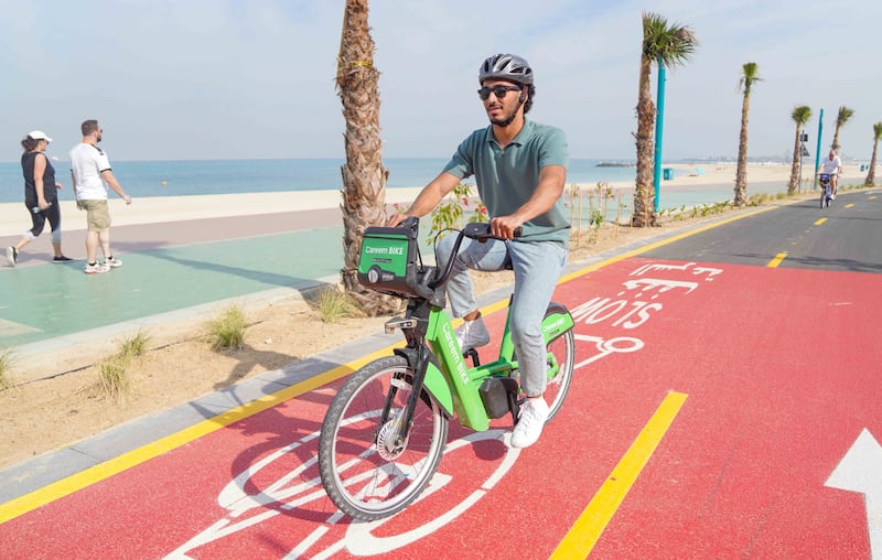 A Careem rental bicycle at Jumeirah Beach, Dubai. Photo: RTA / Careem