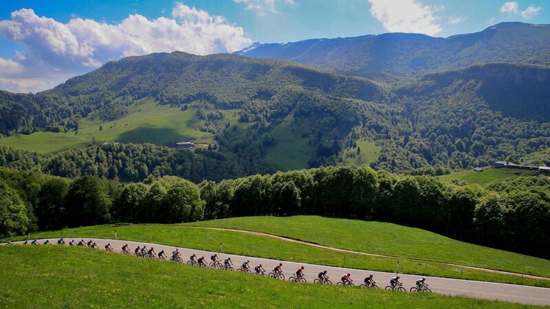Team Ineos rider and race leader Egan Bernal (fourth right) with the peloton during Stage 17 of the Giro d'Italia on Wednesday, May 26. AFP