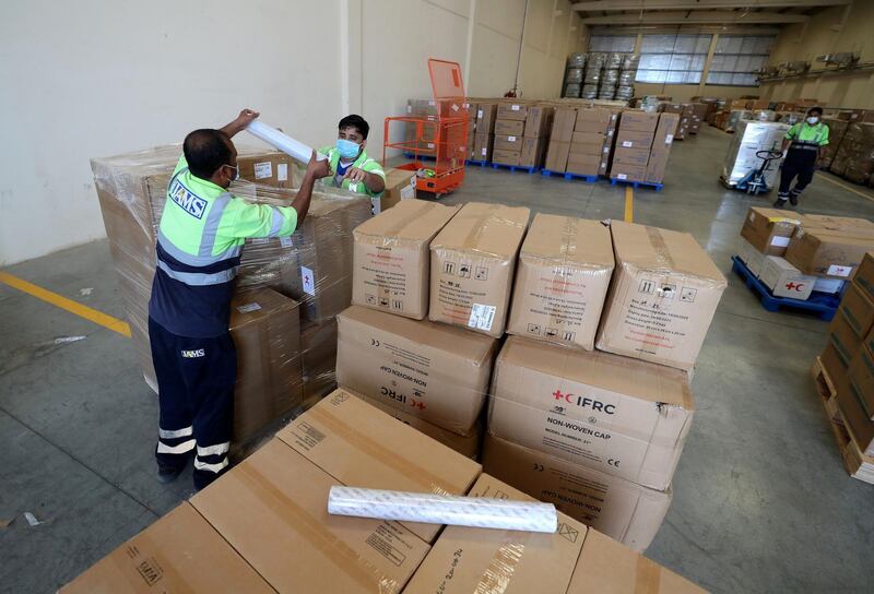 Dubai, United Arab Emirates - Reporter: Kelly Clarke. Aid is prepared by the International Federation of Red Cross and Red Crescent Societies to support Beirut. Wednesday, August 5th, 2020. Dubai. Chris Whiteoak / The National