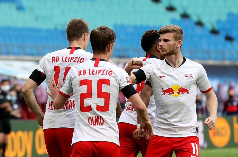 Timo Werner celebragtes with teammates after scoring against Hertha Berlin. AFP