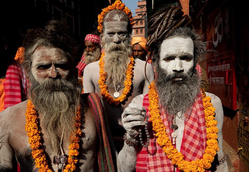 Sadhus, holy men in Hinduism, take part in a religious rally during preparations for the annual Hindu festival of Maha Shivratri on March 11, at Pashupatinath Temple, in Kathmandu, Nepal.  EPA